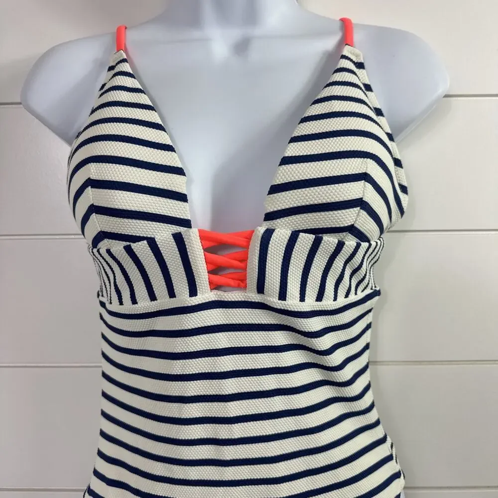 J. Crew V-Neck Crisscross One Piece Swimsuit Textured Stripe White Blue sz 6